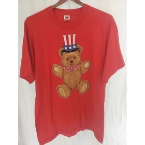 VTG Teddy Bear USA Patriotic T Shirt XL Red Single Stitch Made In USA 100%